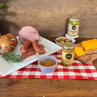 Thumbnail for Some of our best.  Includes:  1 lb. of Pork & Beef Sausage 8 oz. Smoked Cheddar Cheese 2 1/2 lb. Smoked Chicken 2 - 3 lb. Smoked Boneless Ham 16 oz. Jar of Bread & Butter Pickles 8 oz. Jar of Honey Dijon Mustard Item #45